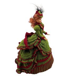 Vintage Scarlet Doll Crochet Dress Green Red Victorian Gown Handmade Barbie